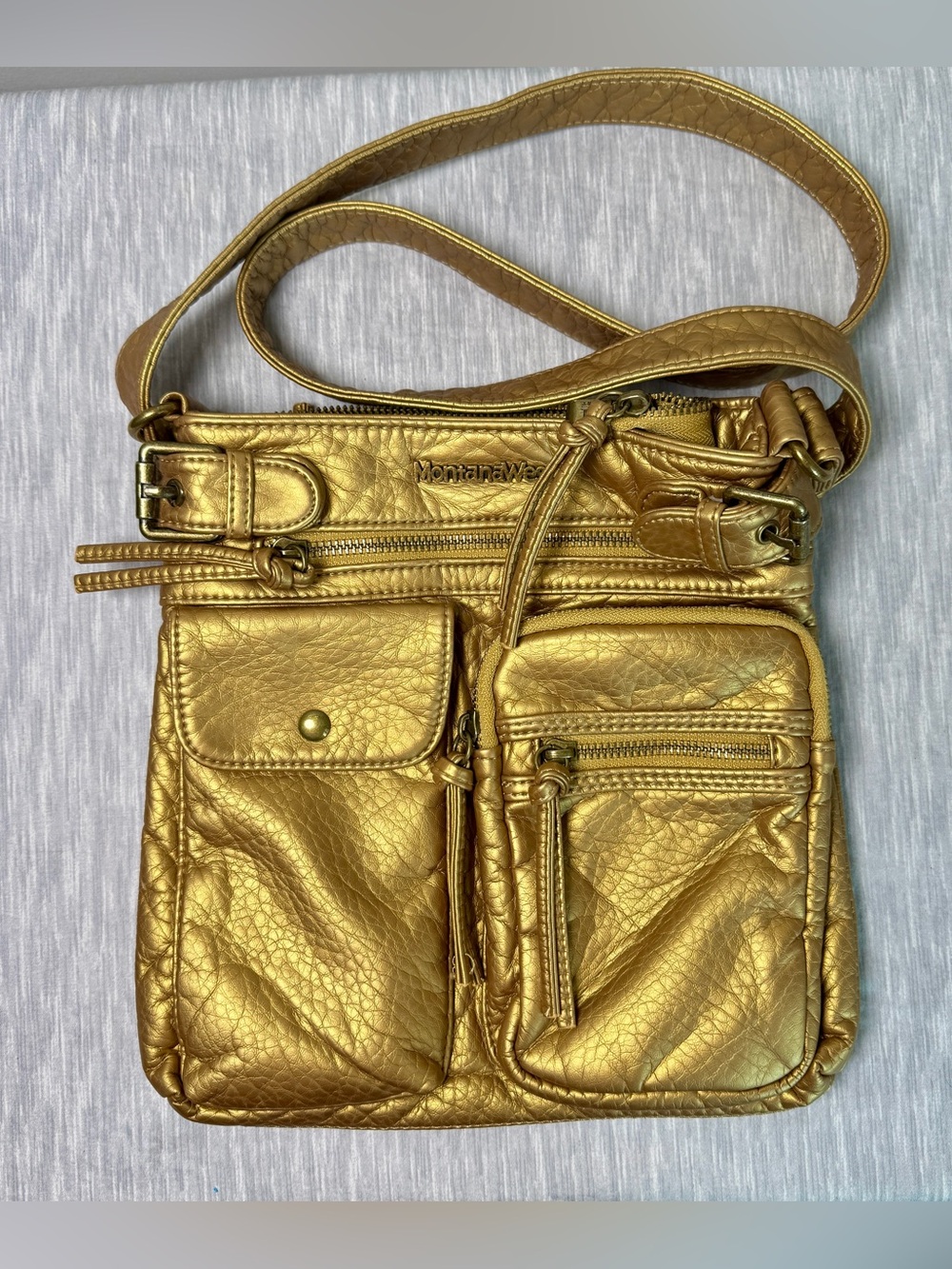 Montana West Gold Metallic Leather MultiPocket Crossbody Bag Western Cowgirl Y2K